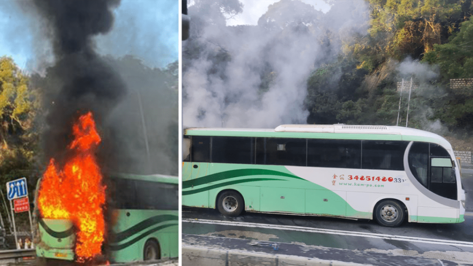 龍翔道一輛旅遊巴自焚 司機跳車逃生