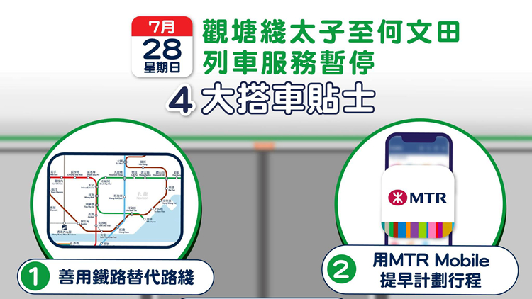 觀塘線隧道設(shè)施更新 港鐵太子至何文田站列車服務(wù)28日暫停