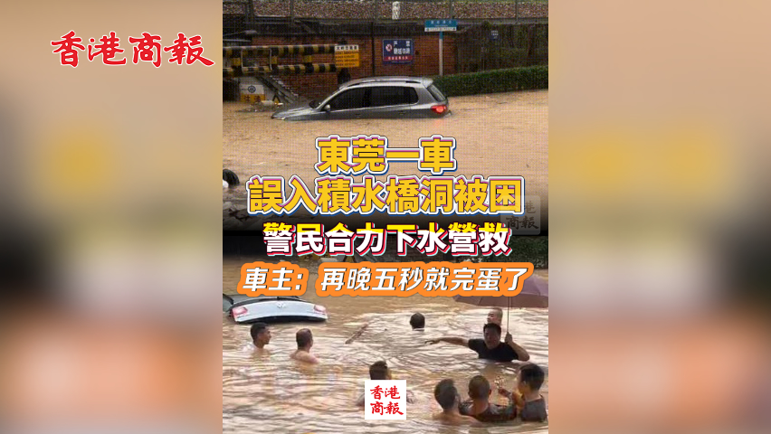 有片丨東莞一車誤入積水橋洞被困 警民合力下水營救 車主：再晚五秒就完蛋了